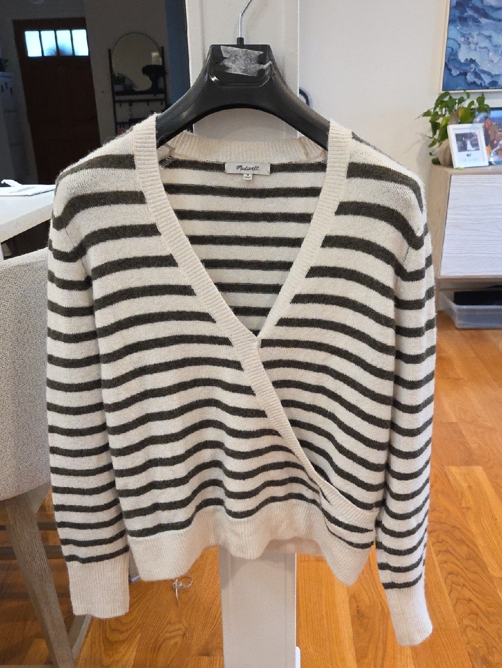 Madewell Women's Olive Striped V-Neck Alpaca Wool-Blend Wrap-Style Sweater (M)